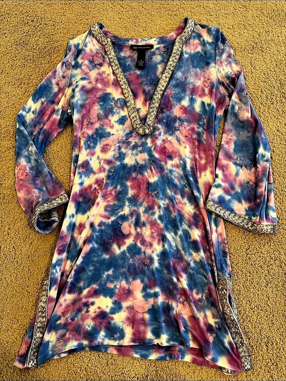INC International Concepts Tie-Dye Sequin Trim tunic in Blue & Pink Size